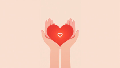 Hands holding a red heart against a soft beige background