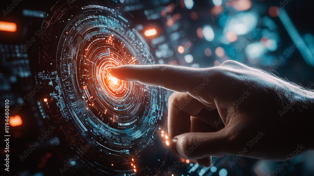 Poster engaging with a futuristic interface through a hand touch interaction