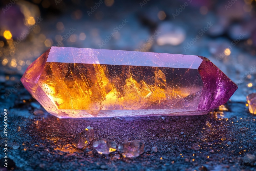 Aufkleber a single, vibrant quartz crystal glows with internal light, showcasing intricate patterns within its