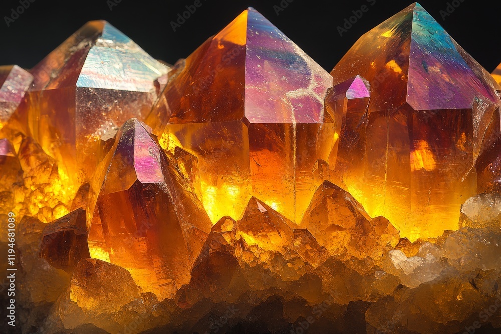 Poster a stunning display of vibrant crystal formations capturing light in dazzling colors, showcasing natu