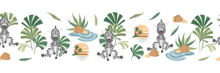 Horizontal seamless border with Cute zebra with palm leaves. Vector repeating illustration of African animal for kids wallpaper, tape, fabric etc.