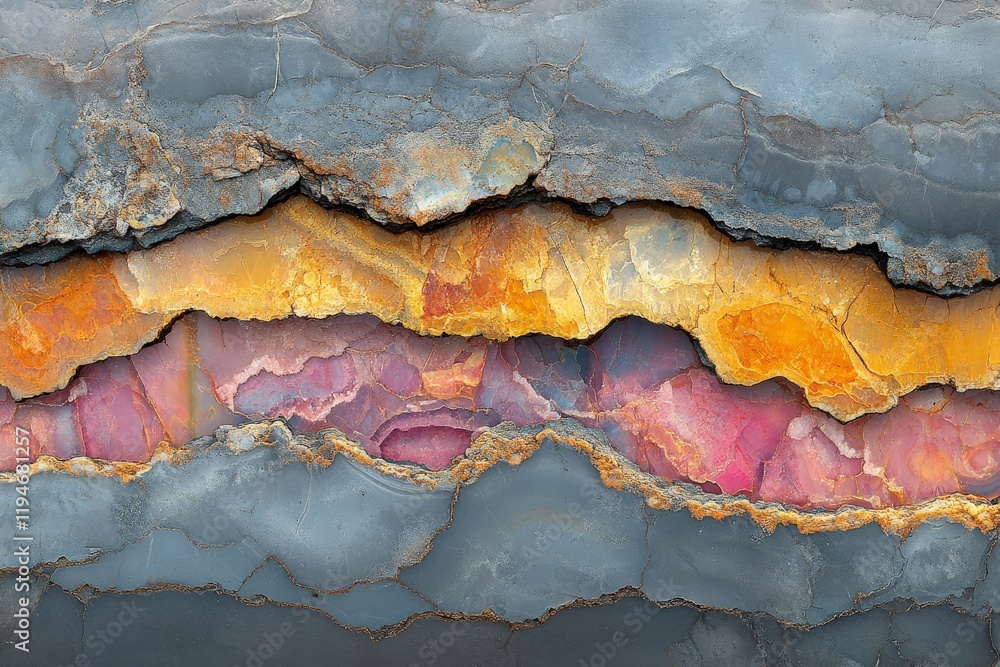 Poster vibrant layers of rock in natural tones create an abstract design resembling geological formations, 