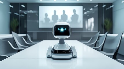 Naklejka premium A robot engaging in virtual meetings with holographic participants in a sleek, modern conference room, with clean lines and advanced tech
