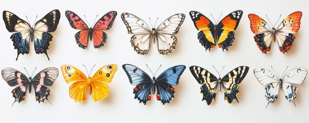 Fototapeta premium Vibrant collection of colorful butterflies on a white background, nature-inspired aesthetic, detailed illustrations.