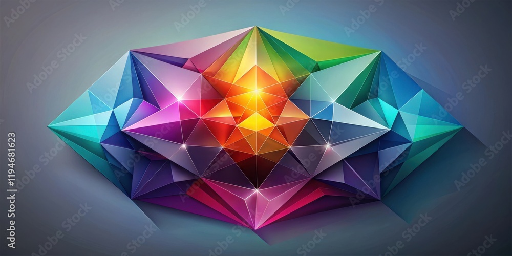 Poster abstract colorful low-poly geometric shape design with vibrant hues and glowing facets