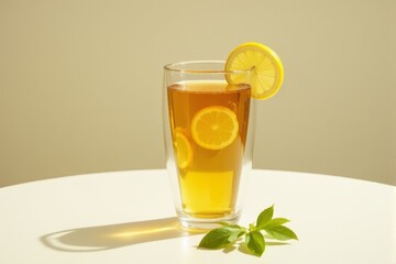 A clean glass of tea with lemon slices on a light surface