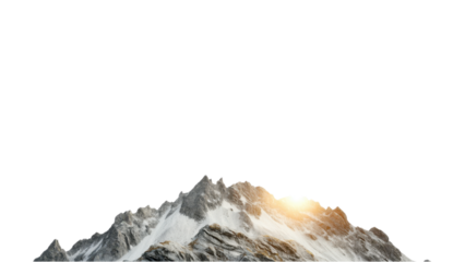 Sunset Over Mountains concept. Mountain peak illuminated by sunlight on transparent background.