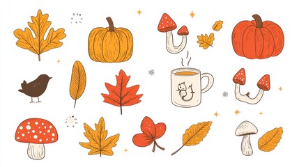 Autumnal illustration set with pumpkins, leaves, mushrooms, and a cup of tea; whimsical fall design