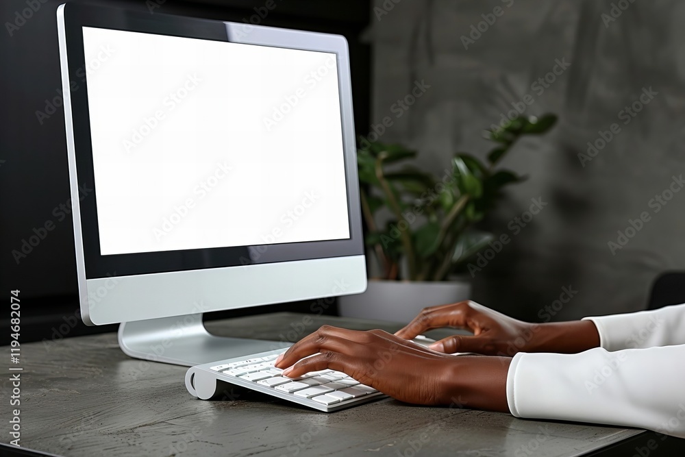 Poster modern and minimalist office setup: blank computer screen in sleek workspace for professionals.
