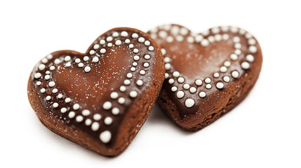 Chocolate-covered gingerbread hearts isolated on a white background