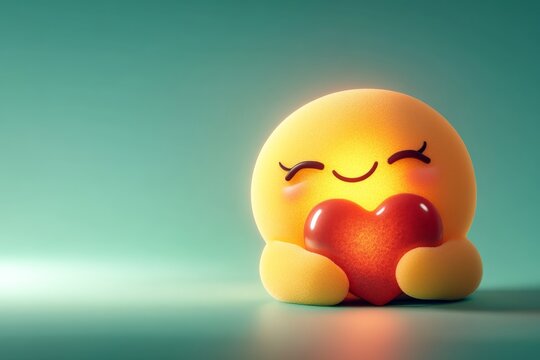 A glowing, cheerful emoji character hugging a warm heart with a shy smile and closed eyes, set against a soft green background, suggesting joy and warmth.