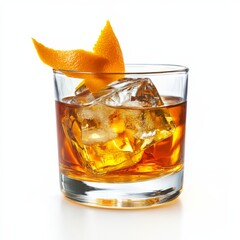 A classic old-fashioned cocktail featuring a large, clear ice cube, a twist of orange peel