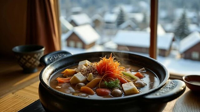 Olla de nabemono japon&eacute;s con verduras y tofu en un entorno invernal