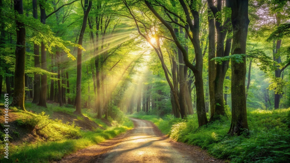 Poster Sunlit Path Through a Lush Green Forest with Rays of Light