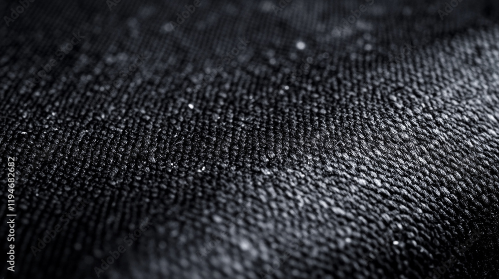 Poster close-up view of black textured fabric showcasing intricate weave patterns and fibers