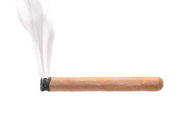 Tobacco long cigar is burning with ash and smoke closed up isolated on white