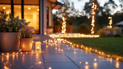 Cozy Outdoor Patio Decorated with String Lights and Potted Plants, Perfect for Relaxing Evenings