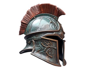 3/4 view of a bronze roman warrior helmet with a crested design on a white background	