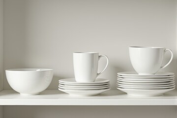 Fototapeta premium A set of clean white dishes stacked neatly on a shelf