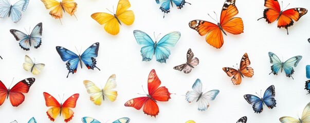 Vibrant collection of colorful butterflies on a white background, nature-inspired aesthetic, detailed illustrations.