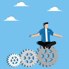 Business management or career management, management profession, thinking about effective solutions, work efficiency and workflow optimization, businessman sitting cross-legged in the gears of a runni