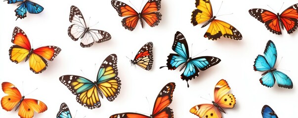 Vibrant collection of colorful butterflies on a white background, nature-inspired aesthetic, detailed illustrations.
