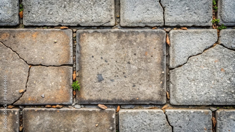 Poster cracked stone pavement texture with weathered blocks and emerging plants