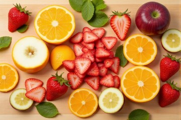 Simple flat lay of fresh fruit slices arranged on a cutting board