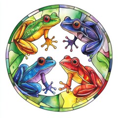 Whimsical Stained Glass Frogs in Vibrant Watercolor Style
