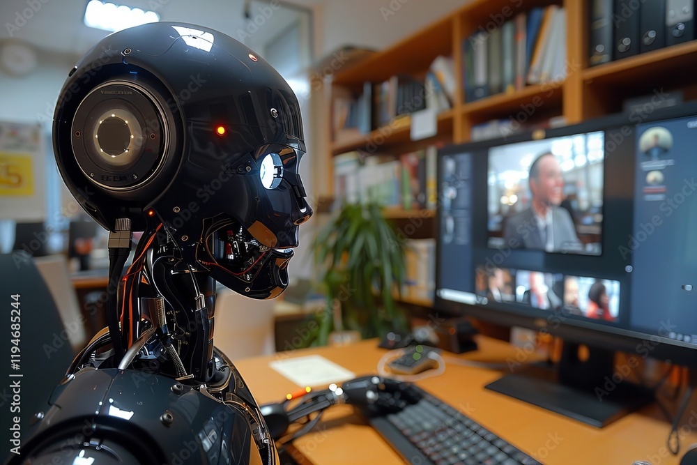 Poster humanoid robot engaged in video conferencing on computer in office with focus on rear view. key them