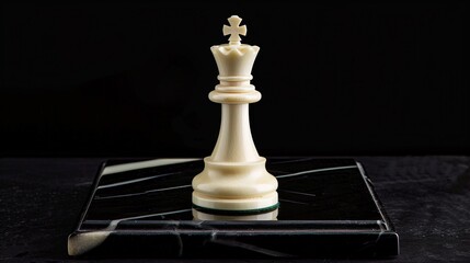 A finely crafted ivory chess piece, depicting a king, standing isolated on a sleek black marble board.
