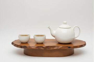 A white teapot with matching cups arranged on a rustic wooden tray