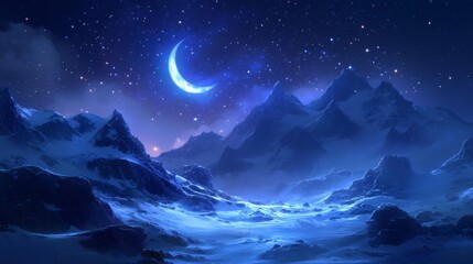 Crescent Moon Over Snowy Mountain Peaks Under Starry Night