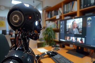 Fototapeta premium Humanoid Robot Engaged in Video Conferencing on Computer in Office with Focus on Rear View. Key Themes: AI, Artificial Intelligence, Learning, Code, Conference, Tech, Machine, Monitor, Technology.