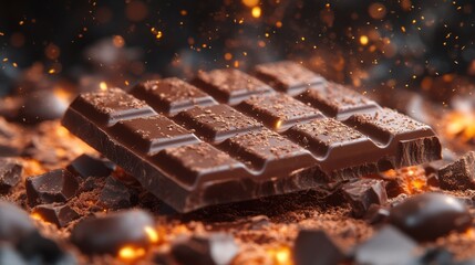 Rich Dark Chocolate Bar Surrounded by Cocoa Powder and Chocolate Splinters with Sparkling Crumbs, Creating a Tempting Food Scene for Dessert Lovers and Chocolatiers