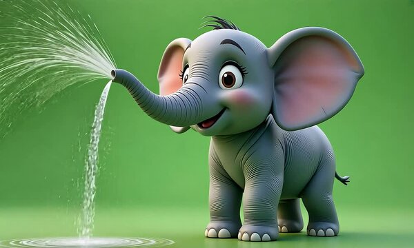Playful Baby Elephant Sprinkling Water Cartoon Illustration