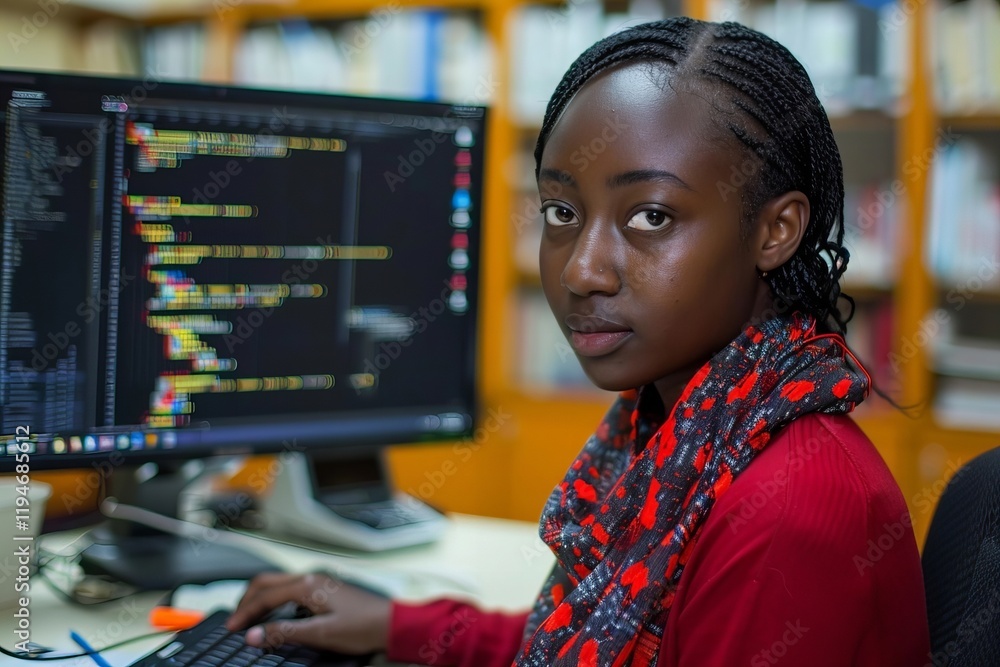 Poster black african american female web programmer engaged in coding