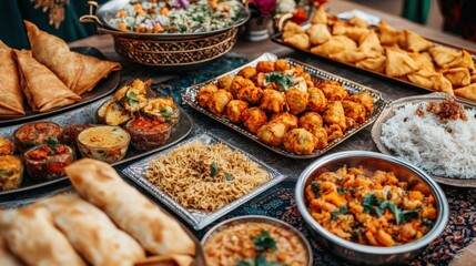 Obraz premium Delicious Indian Cuisine Feast with Assorted Dishes and Curries Perfect for Sharing