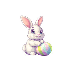 Cute cartoon rabbit holding Easter eggs on white background