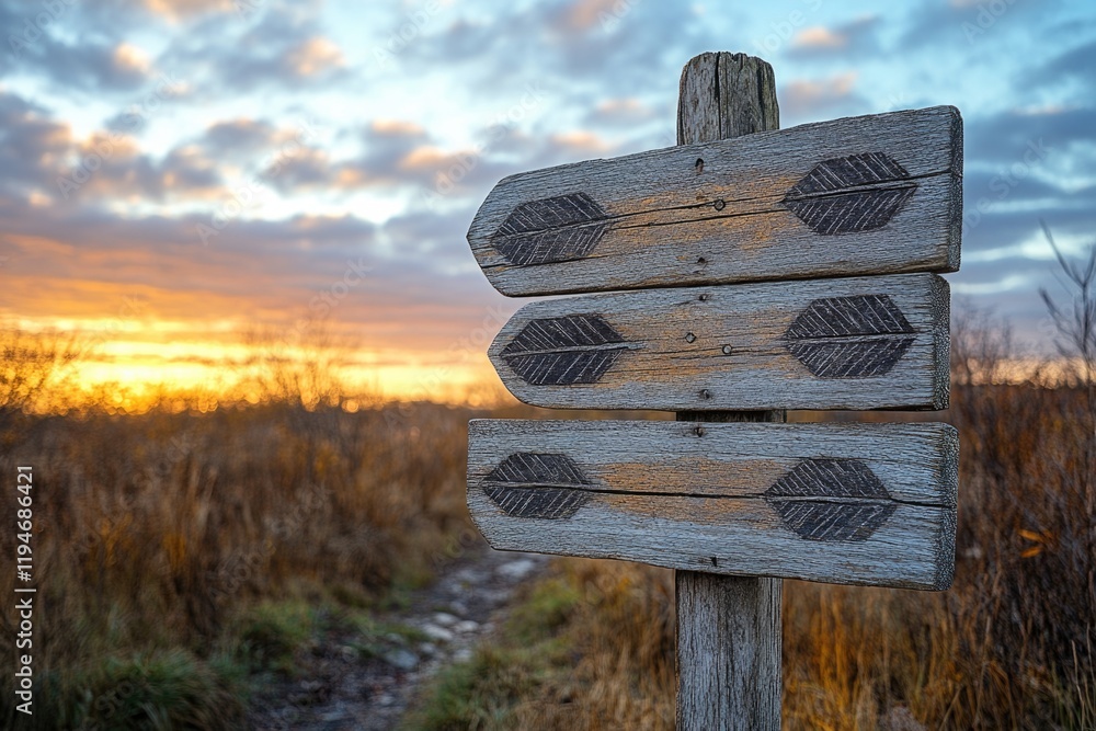 Poster A wooden sign with arrows pointing in different directions, useful for navigation and wayfinding