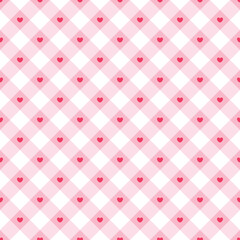 Seamless pattern with red heart on pink checkered background heart Valentine&rsquo;s Day backdrop, card, banner, wallpaper, wrapping, print. Vector illustration.