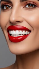 Fototapeta premium A close-up of a woman's perfect white teeth and bold red lips, smiling brightly. Beauty, confidence, and dental care concept