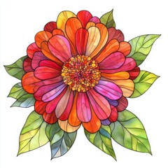 Vibrant Zinnia Flower Arrangement in Stained Glass Watercolor Style