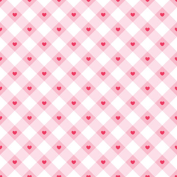 Seamless pattern with red heart on pink checkered background heart Valentine&rsquo;s Day backdrop, card, banner, wallpaper, wrapping, print. Vector illustration.
