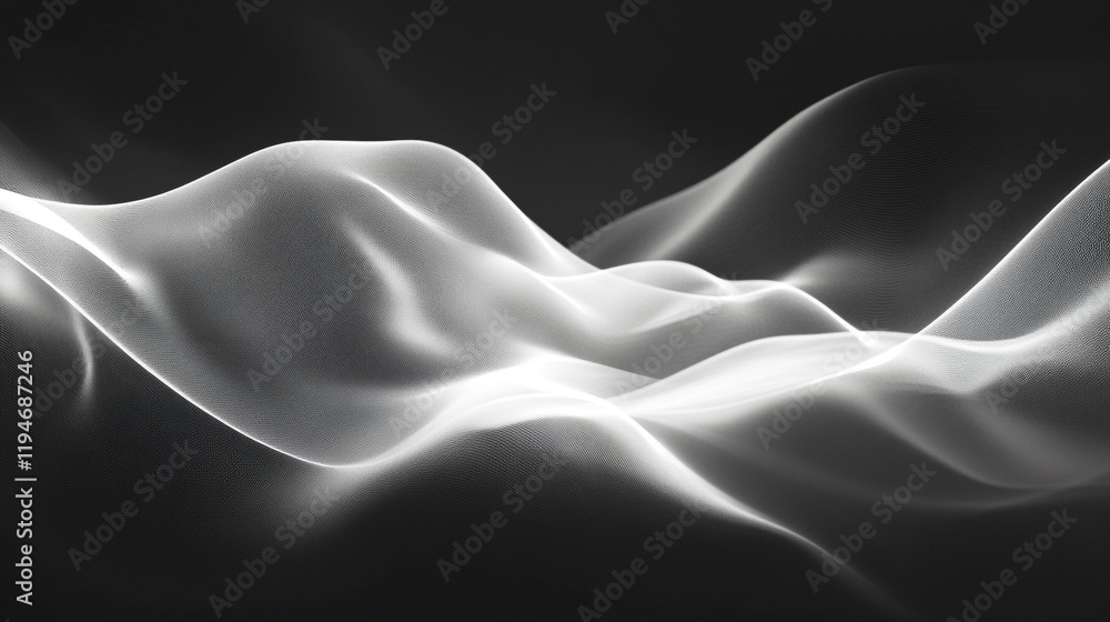 Poster light waves create a mesmerizing pattern resembling flowing fabric in a dark space