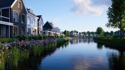 Fototapeta premium Scenic waterfront view with houses and blooming flowers.