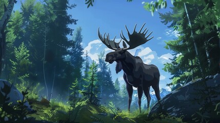 A magnificent moose standing tall in a forest clearing, antlers high against the sky.