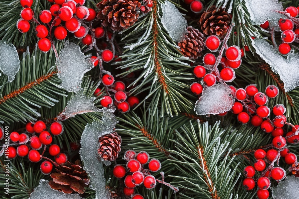 Poster a close-up shot of a pine tree branch featuring bright red berries