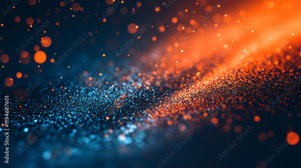 Poster colors blend in vibrant display of shimmering particles and light effects in dark setting