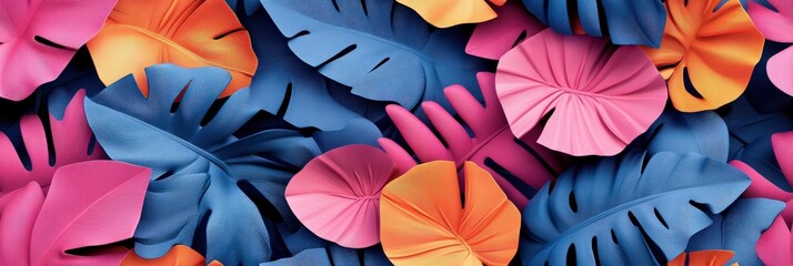 Naklejka premium Vibrant 3D Tropical Floral Pattern Featuring Colorful Leaves in Bright Shades of Blue, Pink, Orange, and Green for Design and Decor